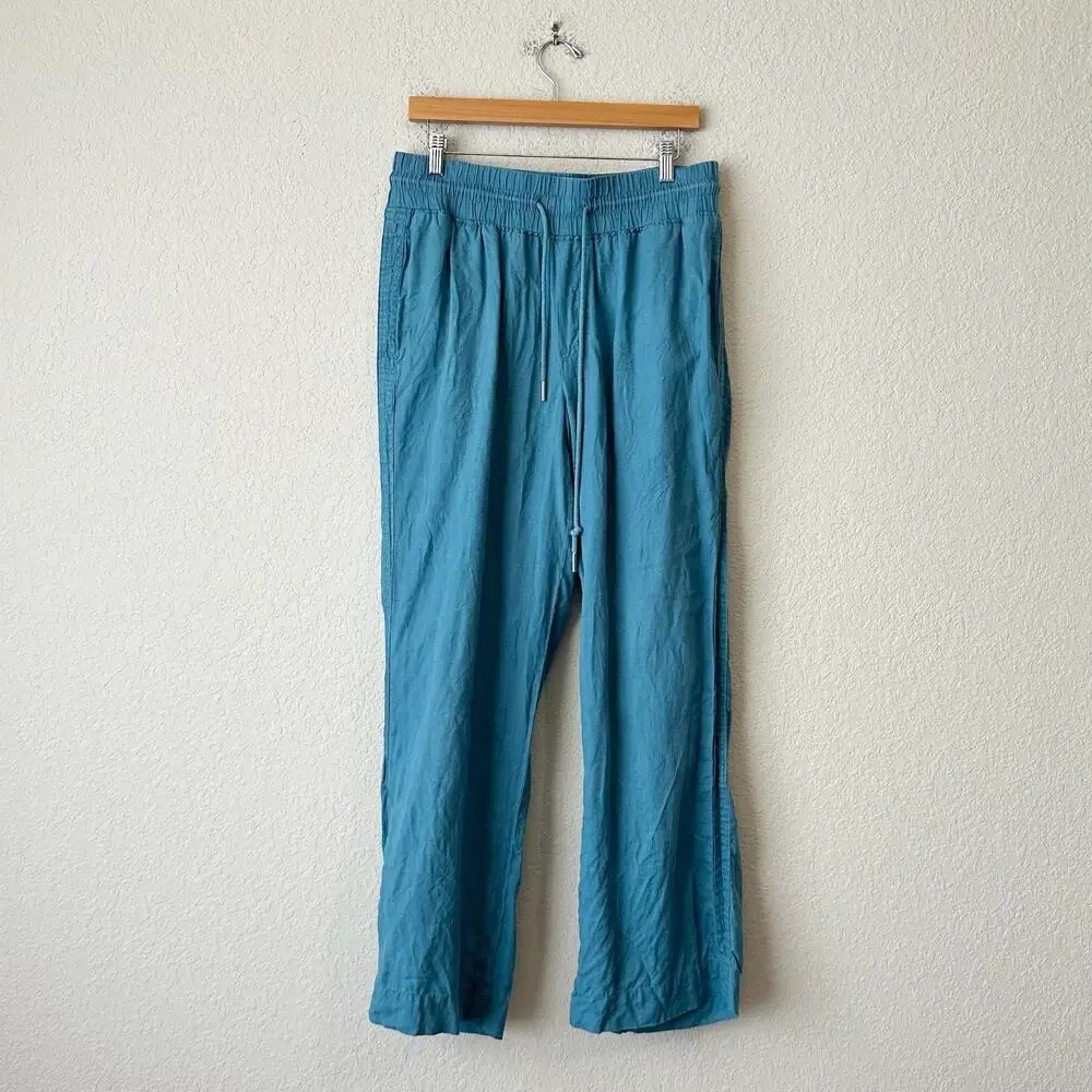 QUINCE Pants Mineral Blue Relaxed European Linen Wide Leg Drawstring